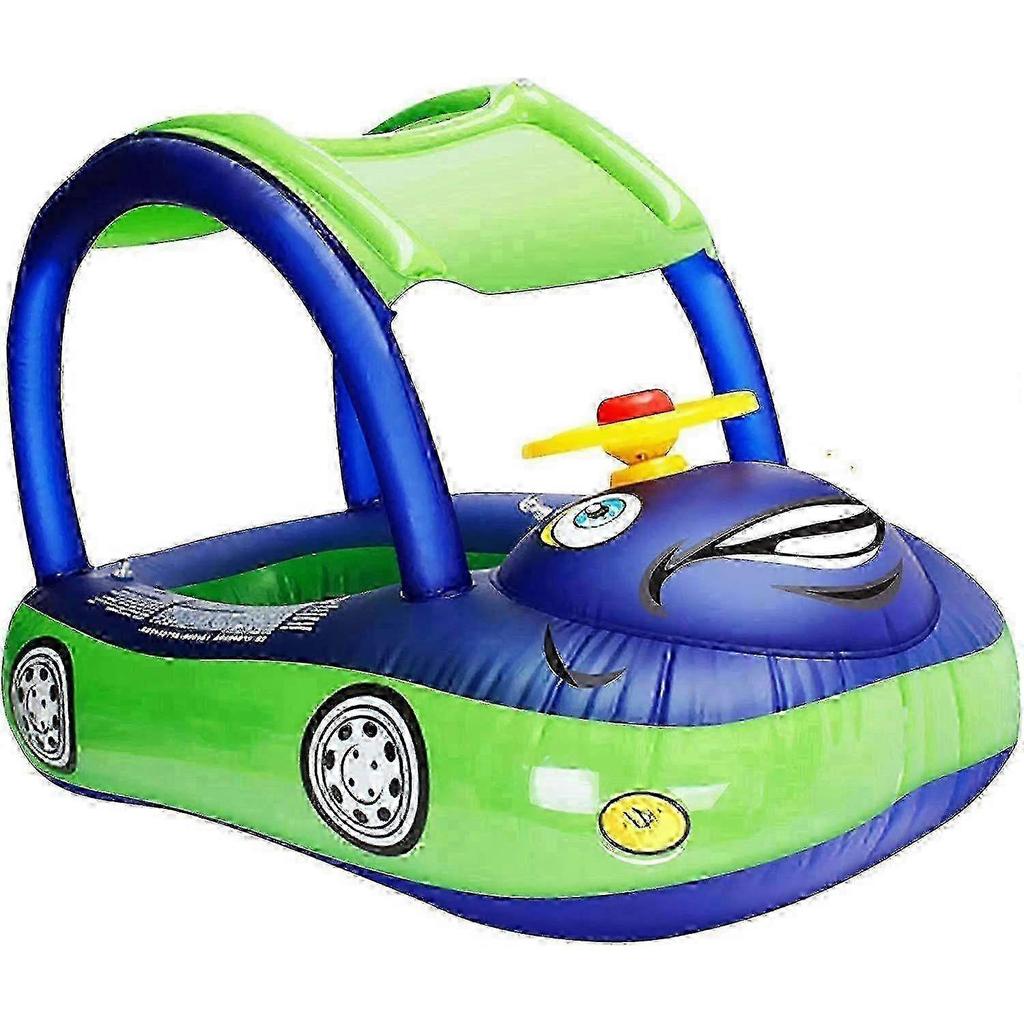 Baby Inflatable Pool Float with Canopy, Car Shaped Swim Float Boat with Sunshade & Steering Wheel, Cartoon Swim Seat Ring for Toddler Infants
