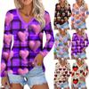 Women's Valentine's Day Love Heart Print Fashion Casual Long Sleeve V-Neck Button Neck Top