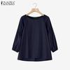 ZANZEA Womens Round Neck 3/4 Sleeve Solid Irregular Casual Loose Blouse