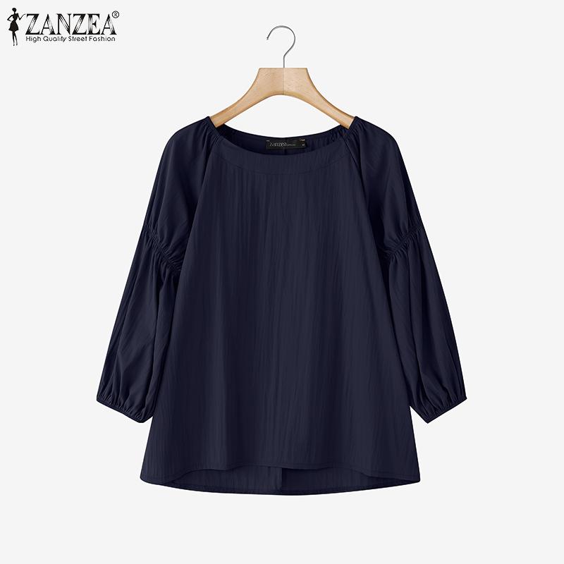 ZANZEA Womens Round Neck 3/4 Sleeve Solid Irregular Casual Loose Blouse