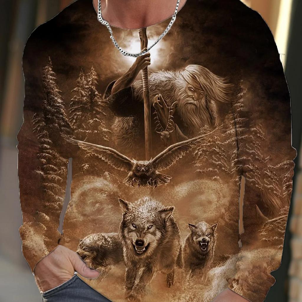 Винтажная мужская футболка с длинным рукавом, рубашки с 3d принтом, модные мужские футболки с короткими рукавами и изображением волка, уличная одежда большого размера, футболки