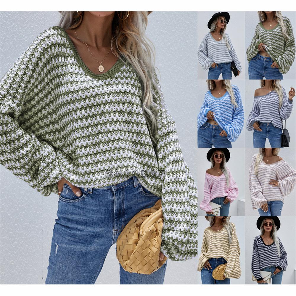 2024 Осень и зима Новый европейский и американский пуловер полосатый женский вязаный свитер круглый вырез свитер больших размеров