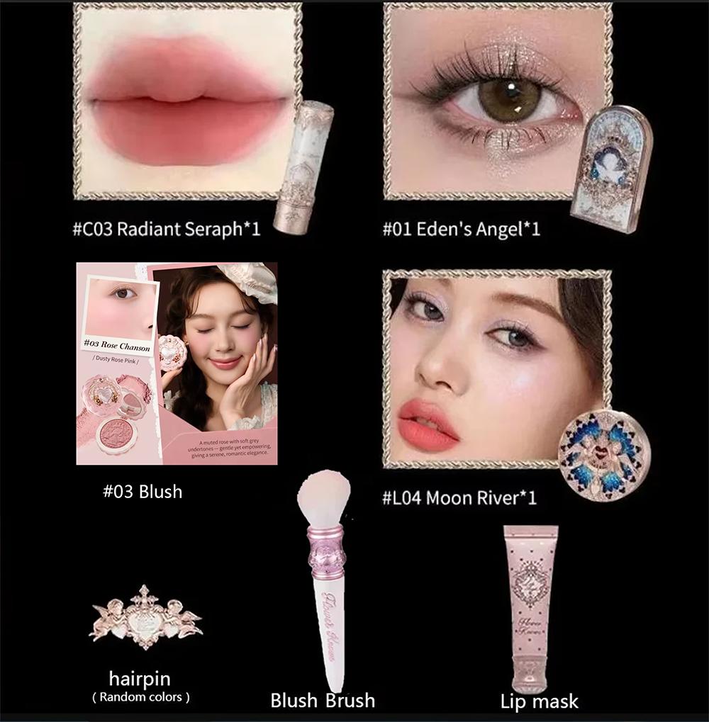 Flower Know Little Angel Collection Подарочная коробка с косметикой Тени для век Румяна Кремовая матовая помада Хайлайтер Полный набор Все в одном