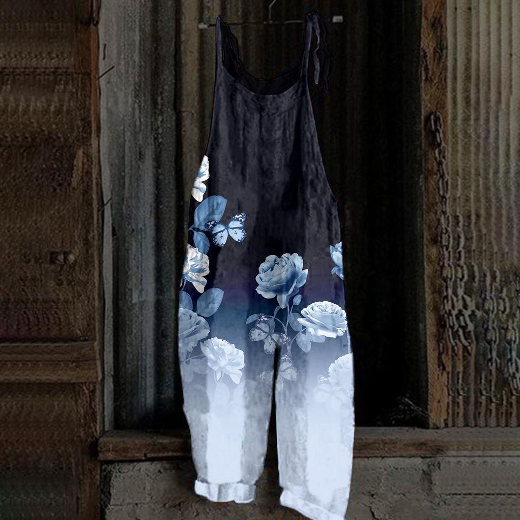 Женский комбинезон с принтом, повседневный, свободный, винтажный, с бретельками, из хлопка и льна