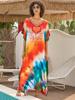 EDOLYNSA 2024 Boho Colorful Printed Batwing Sleeve V-neck Beach Dress Women Summer Swimwear Coverup Cozy Plus Size Kaftan Homewear Q1674