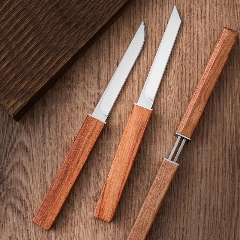 Stainless Steel Double-edged Fruit Kitchen Knife 1 Pair Carving Knife with Wooden Handle Outdoor Fishing Barbecue Knife Portable Self-defense Knife