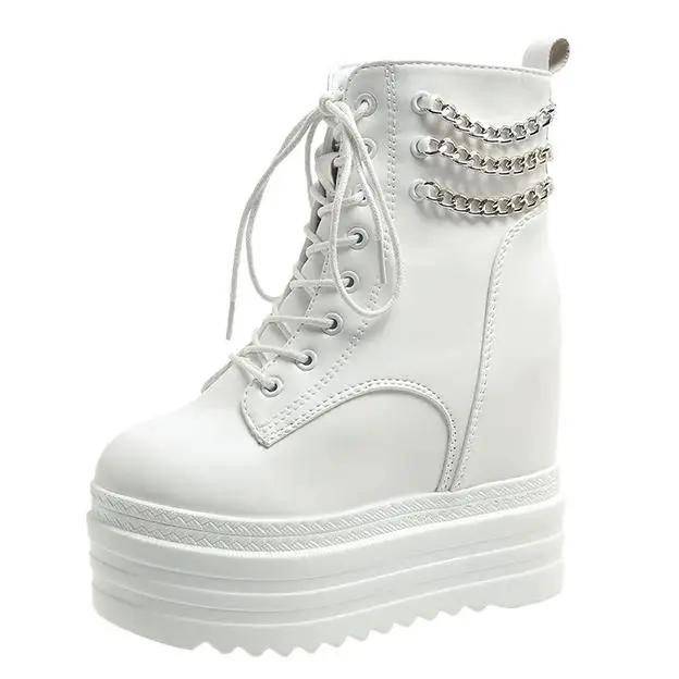 Мода 12 см Новые женские ботильоны Кожаная толстая подошва Мотоциклетные ботинки Женские Осенние Весенние Цепь Высокая платформа Обувь Женщина Большой размер 42