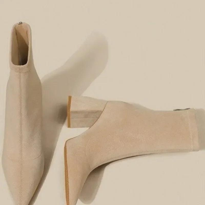 FLOCK Короткие плюшевые женские ботильоны, модные туфли с молнией сзади, осенне-зимние женские теплые короткие ботильоны на толстом высоком каблуке