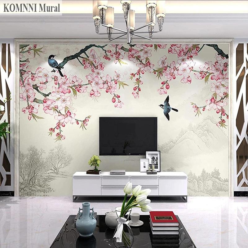 Retro Pink Flowers and Birds Landscape 3D Mural Wallpaper, Scenery Photo Large Wallpaper Mural, Living Room Bedroom Wall Decor Mural