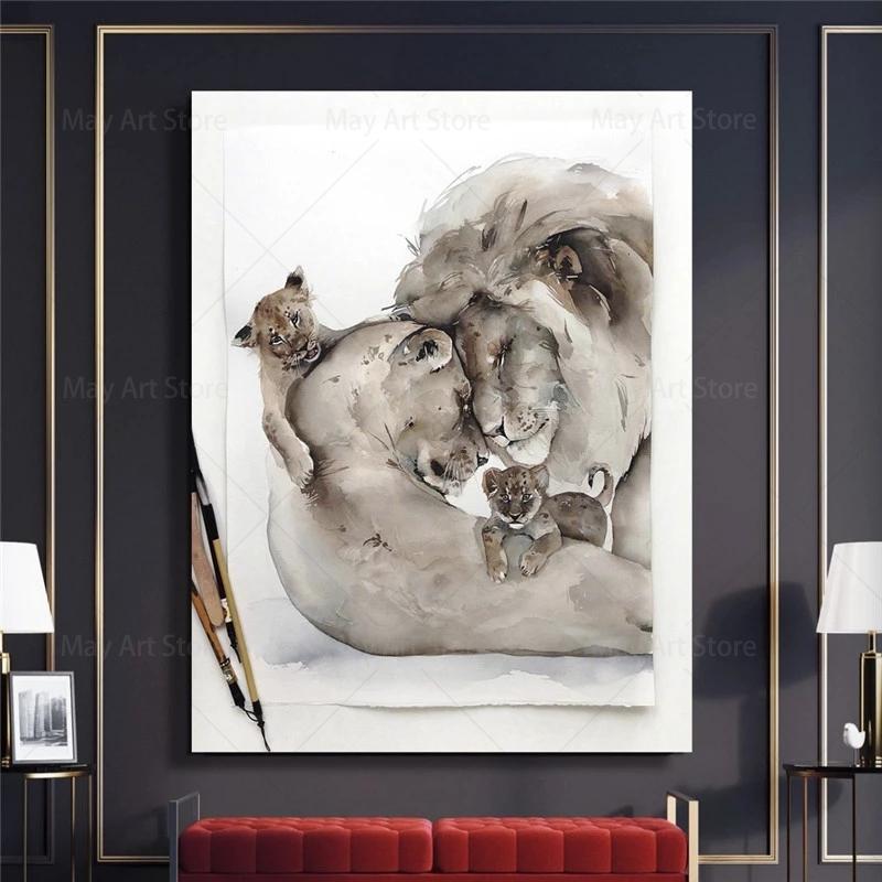 Современные животные любящий лев семья холст картины плакаты печатает настенные художественные картины для гостиной украшения стены дома Cuadros