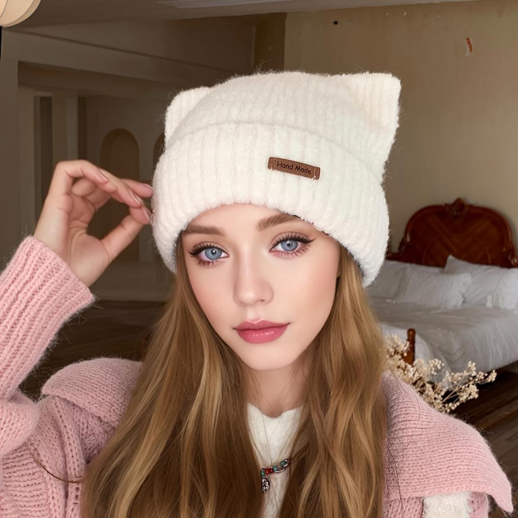 1 шт. шикарная кожаная шапка-бини с ушками - женские вязаные аксессуары для путешествий на свежем воздухе - утолщенная теплая однотонная повседневная шапка для зимы
