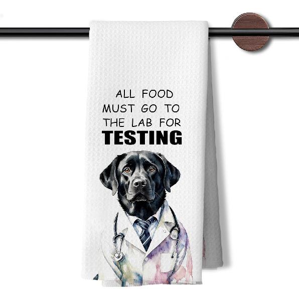 Funny Black Labrador Retriever Kitchen Dish Towels, Black Lab Gifts, All Food Must Go to The Lab for Testing Decorative Hand Tea Towels for Kitchen