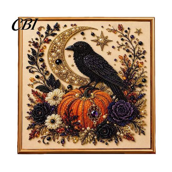 Unique Birthday Gifts for Her Ghost Faux Pearl Art DIY Kit with Frame, Halloween Cat Painting Wall Decor Ornaments Kit, 3D Witch Pumpkin Craft Adults,