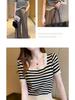 2025 Summer Women's Slim Fit Short Sleeve Striped Ice Silk Knit Top with Square Neck