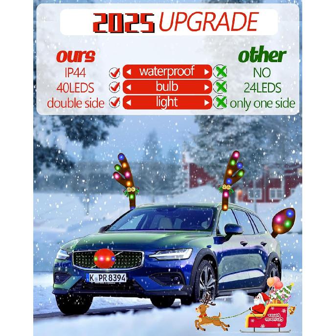 Christmas Reindeer Antlers Car Decoration Kit, IP44 Waterproof LED Lights Nose Vehicle With Jingle Bells Rudolph, Auto Holiday Accessories For SUV