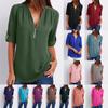Women's Fashion Pullover V-neck Solid Color Zipper Temperament Sateen Long Sleeve Casual Shirt