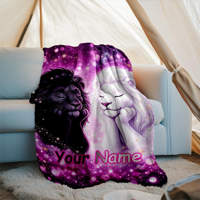 1PC Custom Name Lion Love Stars flannel blanket versatile,all-season throw suitable for the living room,bedroom,camping,travel,and gift