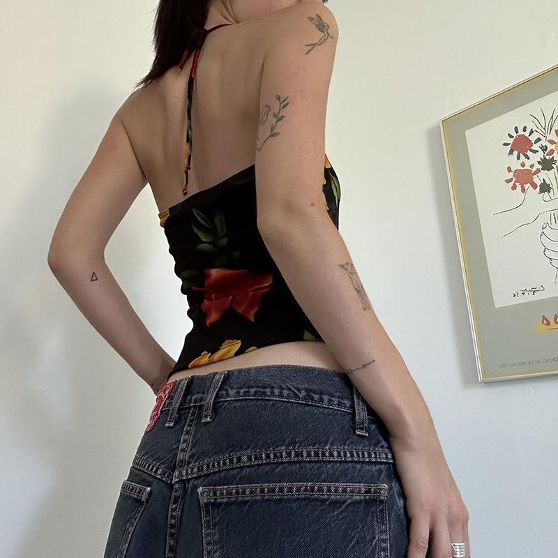 Personalized ethnic style fashion flower print slim fit neck sling vest Spice girl sexy backless hollow top