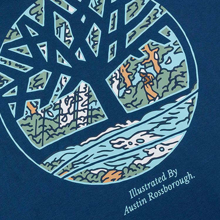 Timberland Дышащая Удобная Футболка с Принтом, с Коротким Рукавом, Морская, с Круглым Вырезом, Унисекс, Топы, Насыщенный Индиго A6A4K-288