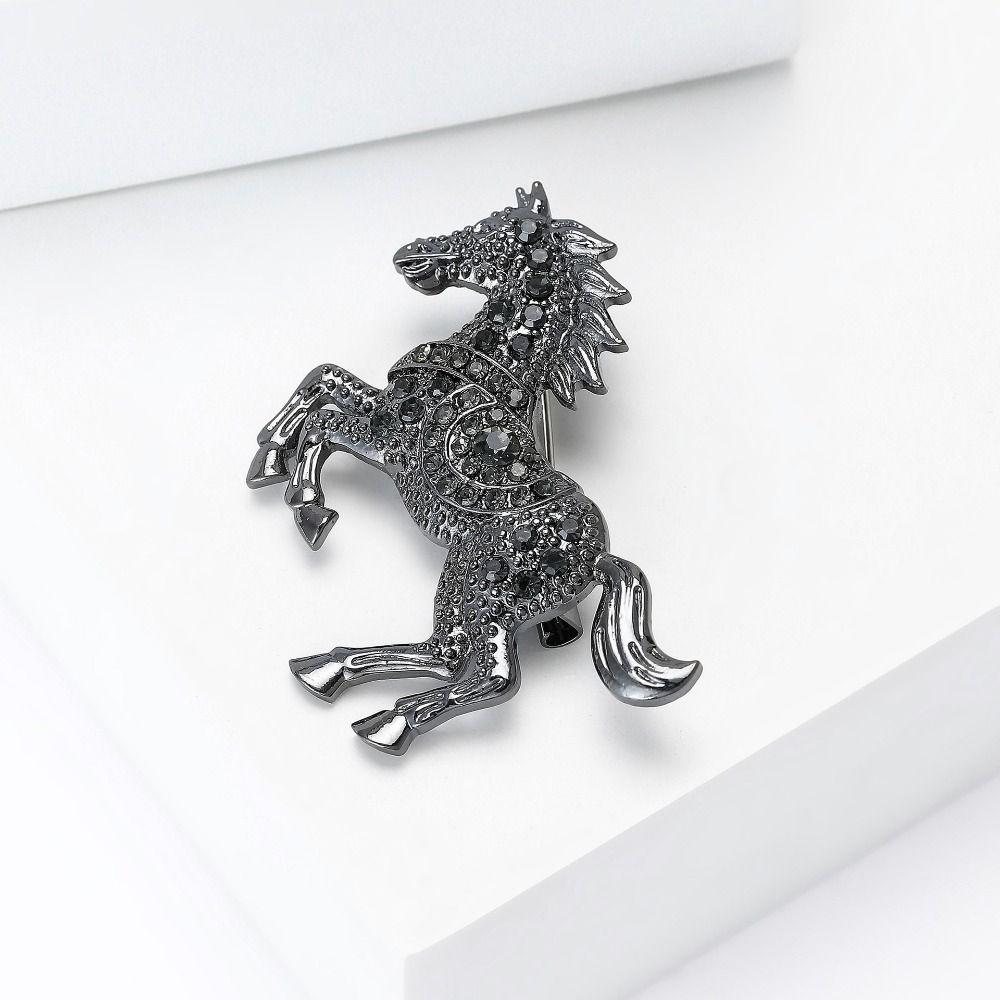 Luxury Rhinestone Horse Brooches Casual Metal Badge Pin Vintage Zodiac Animal Lapel Pins  for Women