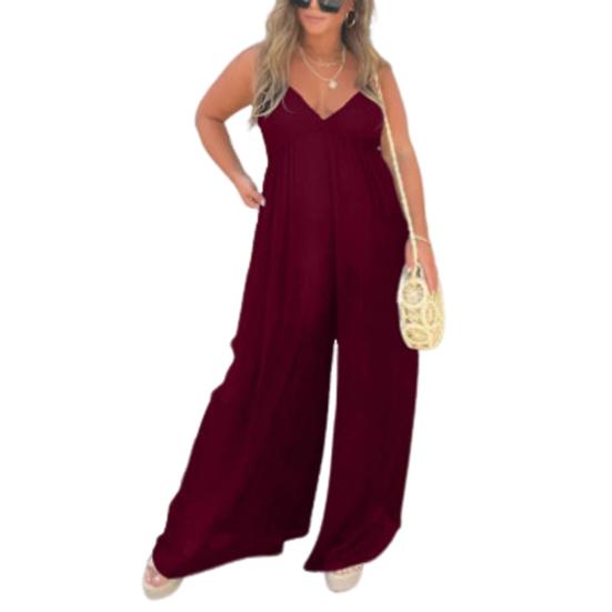 Women Jumpsuit Deep V Neck Backless Wide Pure Leg Loose Sleeveless Color Pleated Spaghetti Strap Casual Vacation Beach