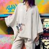 Women's Spring Tops Bat Sleeves Large Size Lapel Irregular Hem Soft Button Bat Sleeves Casual Women's Wear M-3XL