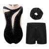 Girls Sheer Mesh Leotard Rhinestones Shorts Hair Tie Headwear Dance Figure Skating Gymnastics Outfit Set