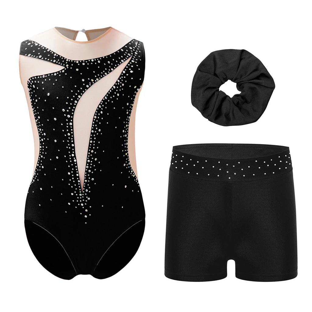 Girls Sheer Mesh Leotard Rhinestones Shorts Hair Tie Headwear Dance Figure Skating Gymnastics Outfit Set