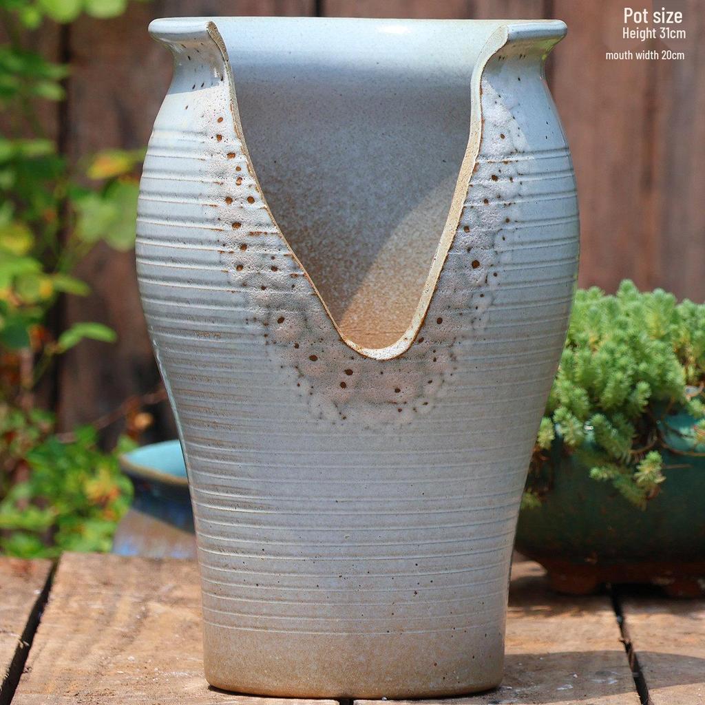 Handmade Coarse Pottery Wide-Mouth Flower Pot - Ceramic Zisha Succulent Planter with Rustic Cut-Edge Design for Chlorophytum