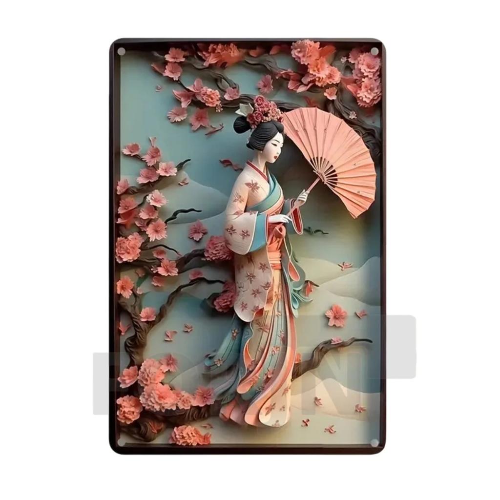 Японская гейша кимоно металлический знак, 2D элегантный японский постер с цветущей вишней, для дома, комнаты, офиса, идзакая, кафе, студии настенный декор