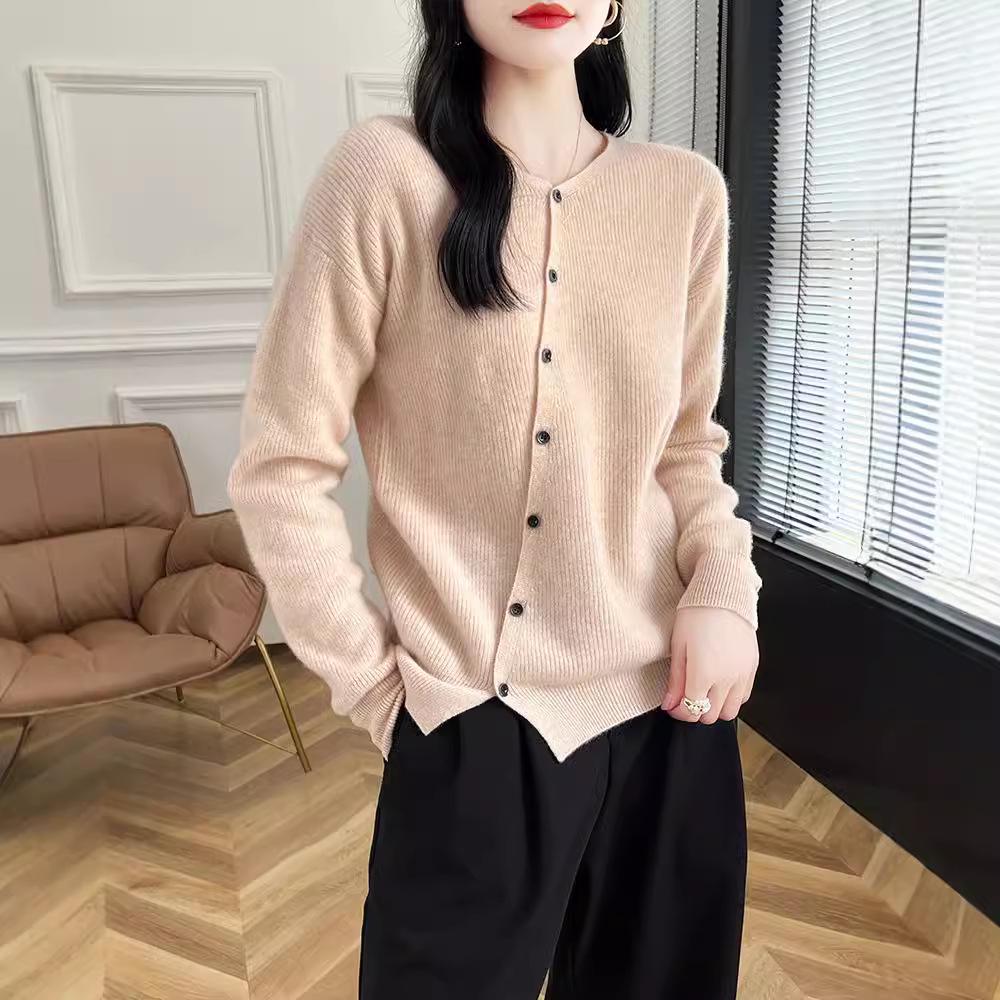 Autumn/Winter Wool Round Neck Asymmetrical Button Cardigan - Women's Loose Solid Color Cashmere Knitwear