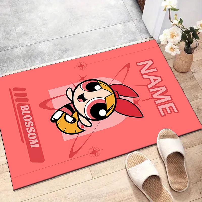 Custom The Powerpuff Girls Mat Personalized Name, Polyester Washable Indoor Entryway Rug, Gift for Christmas, Easter, Thanksgiving Day