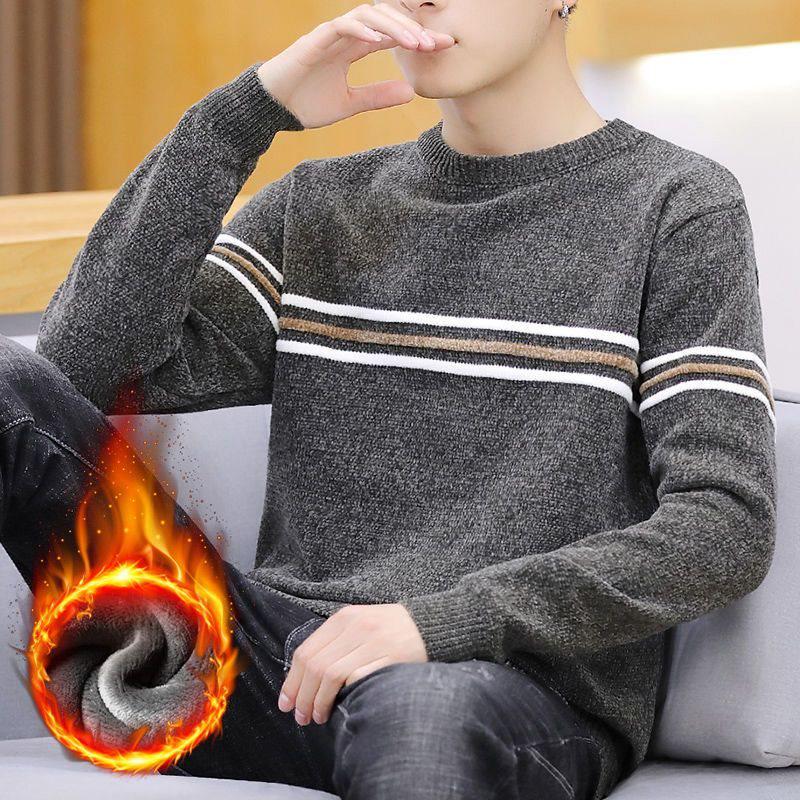 Шениловый полосатый лоскутный свитер - Мужской приталенный корейский стиль осенне-зимний трикотаж