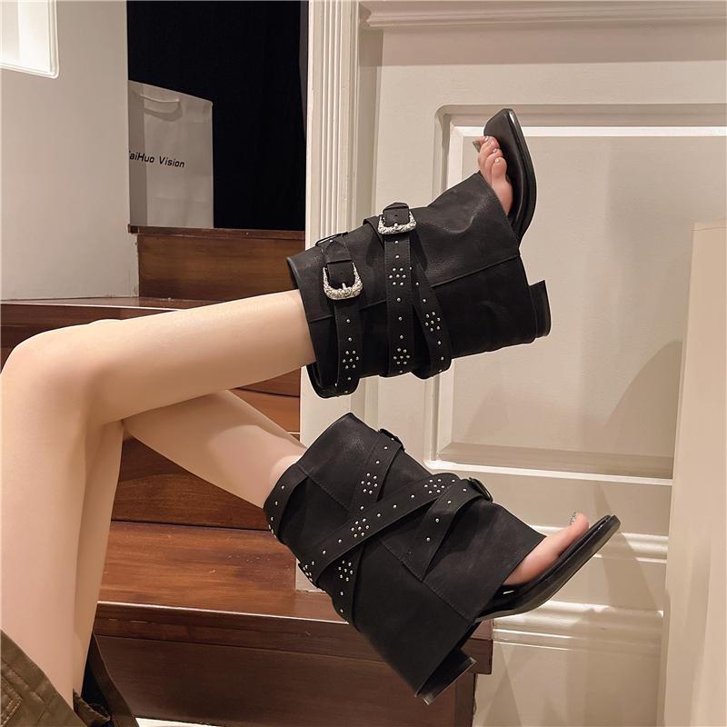 Модная новая обувь на массивном каблуке Женские современные ботильоны 2025 Модная обувь с заклепками Женские сандалии Ботинки Обувь Женские шлепанцы