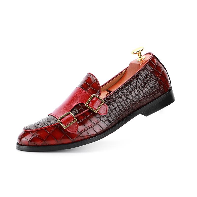 Luxury Business Men Monk Shoes Double Buckle Crocodile Print Wedding Party Office PU Leather Shoes Brown Pointed Toe Loafer