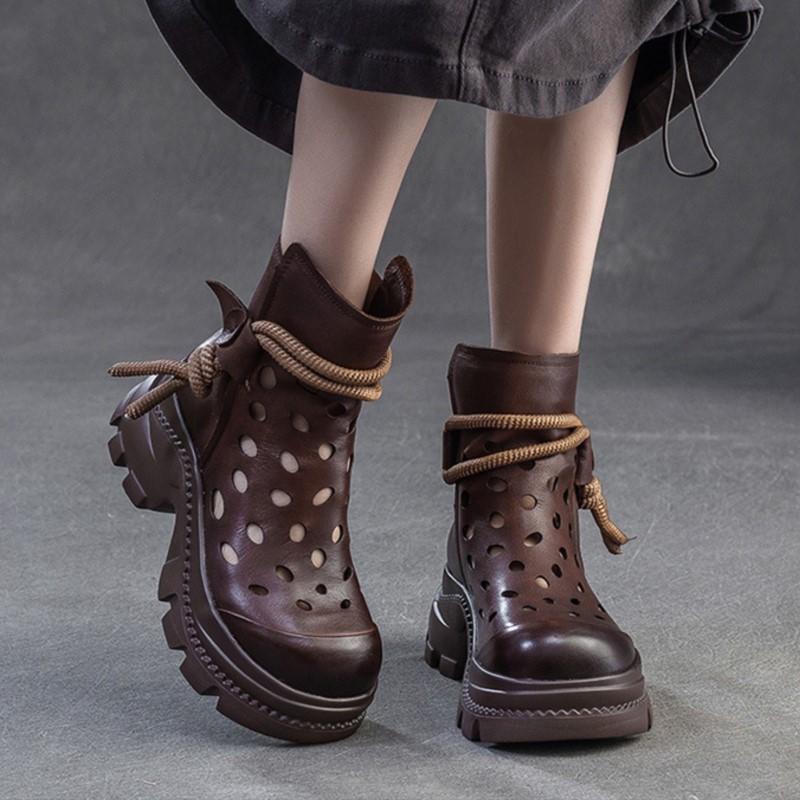 Johnature Hollow-out Short Boots Genuine Leather Thick Soled Sandals Retro Versatile Women's Shoes