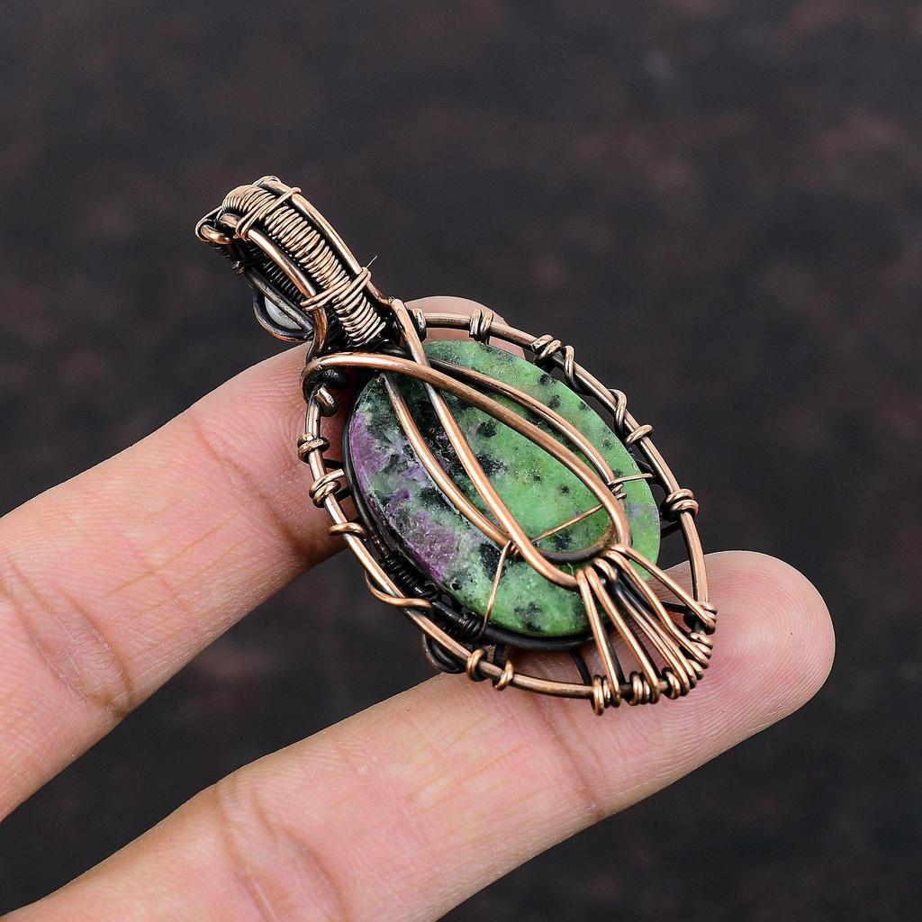 Подвеска с рубином и цоизитом от сглаза, медная проволочная обертка, радужный лунный камень, драгоценный камень, кулон ручной работы, медные украшения, подарок для женщин
