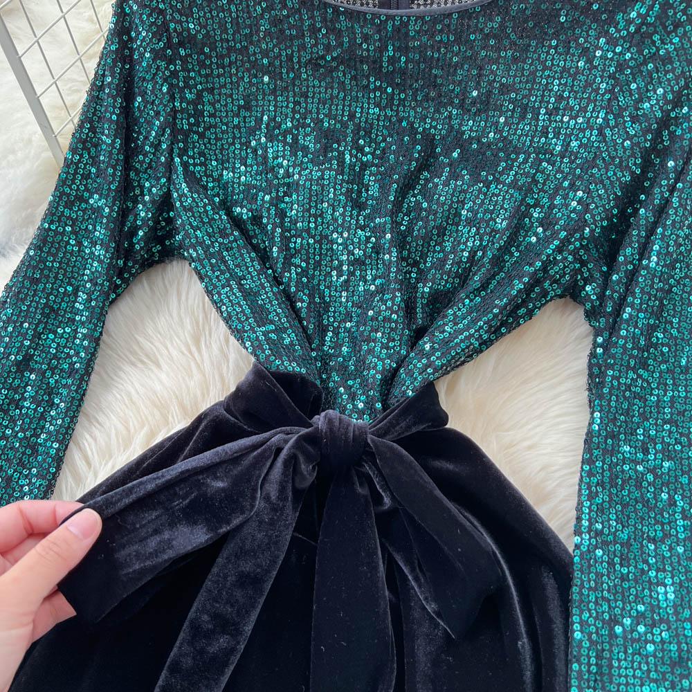 Шикарный Винтажный Велюровый Элегантный Наряд Феи с Длинным Рукавом Корейская Мода Осенняя Мода Платья Женская Одежда