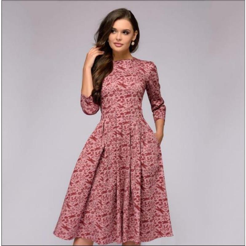 Женское платье А-силуэта, вечернее винтажное платье с цветочным узором, рукавами-семью точками и круглым вырезом