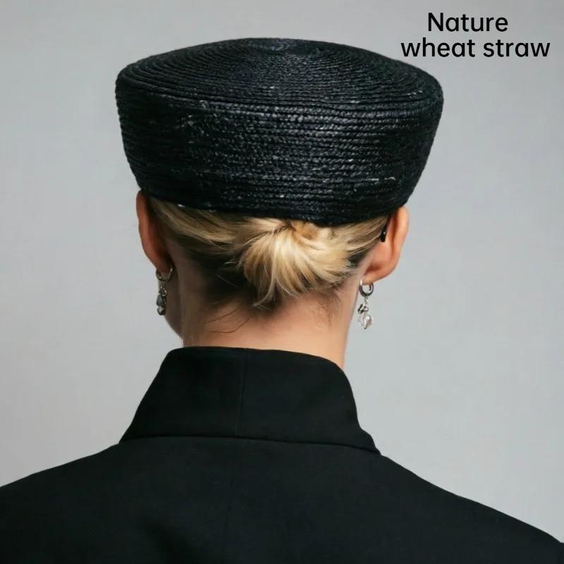 Women 100% Natural Black Wheat Straw Flat Top Berets Lady French Hand Woven Beach Straw Hat Church Derby Pillbox Hat Fedoras Hat