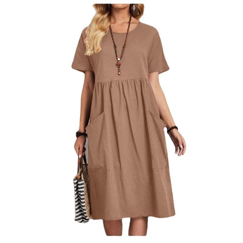 Летнее женское платье большого размера однотонное с круглым вырезом, карманом, плиссировкой, коротким рукавом из хлопка и льна