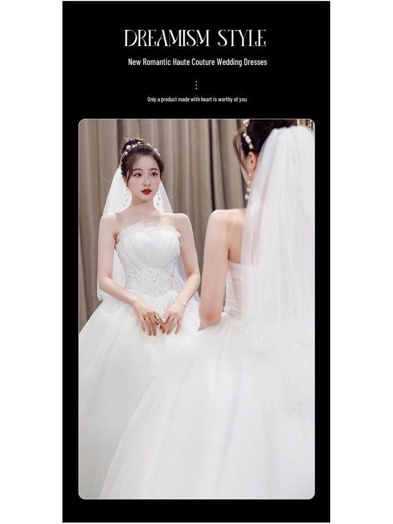 2025 Белое кружевное платье без бретелек на шнуровке в корейском стиле длиной до пола из органзы