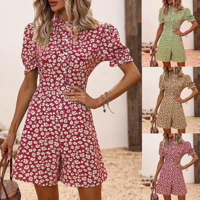 Женский комбинезон Boho с цветочным принтом на пуговицах, пышный, с короткими рукавами, с широкими штанинами, шорты