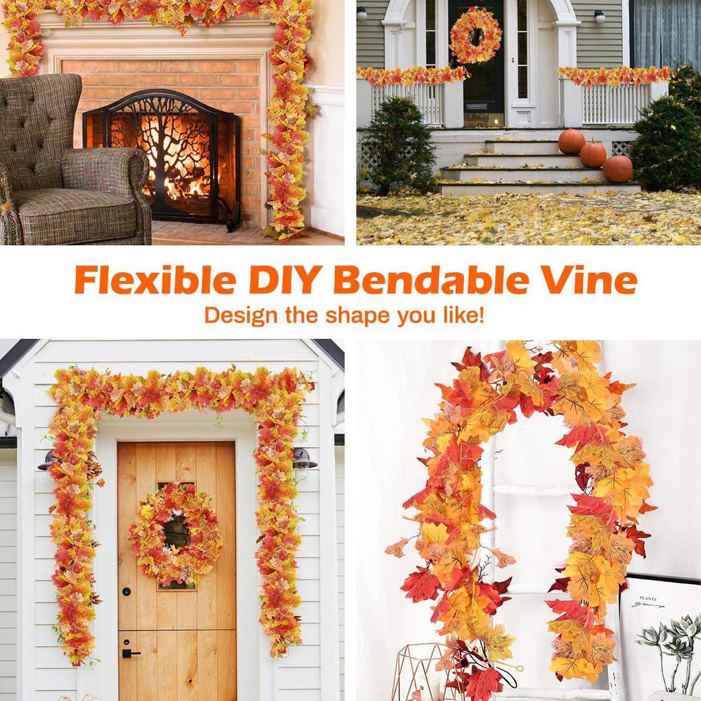 Artificial Maple Leaf Garland - Realistic Autumn Red, Orange, Yellow-Green Colors - Plastic Fall Vine Strips for Wedding Decor