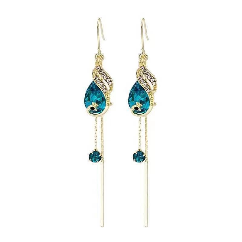 New temperament retro peacock long fringed earrings blue crystal versatile earrings super long personalized earrings