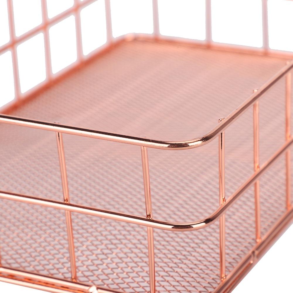 Rose Gold Desktop Organization Basket Iron Grid Wire Storage Organizer Home Office