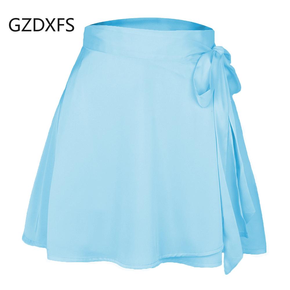 Сплошная цветная юбка с высокой талией, модная цельная короткая юбка на шнуровке, шифоновая атласная юбка с запахом