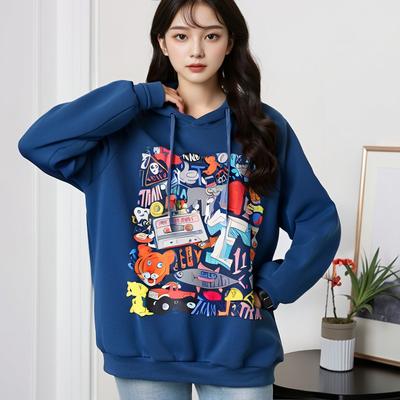 Плюс Размер Женская Осень и Зима Свободная Утягивающая Толстовка С Принтом Из Флиса