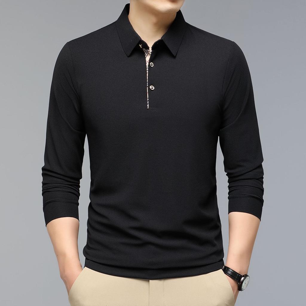 Осенний новый мужской свитер, однотонный, для среднего возраста, с воротником-поло, с длинными рукавами, облегающая рубашка для мужчин