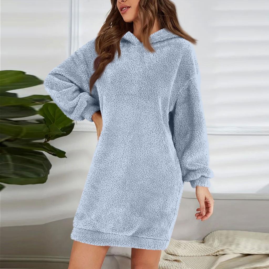 Женское модное однотонное плюшевое платье с капюшоном и длинными рукавами, свободная повседневная толстовка